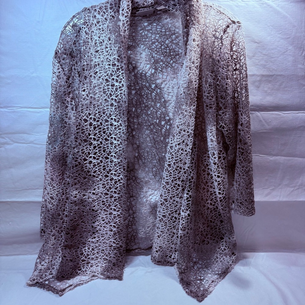 Easywear by Chico's Size 2 Taupe Crochet Open Front‎ web Knit Cardigan Large
